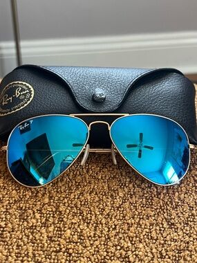 Ray-Ban Gold Frame Sunglasses with Blue Mirrored Lenses